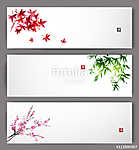 Három banner, juhar, bambusz és keleti cseresznye sakura b vászonkép, poszter vagy falikép