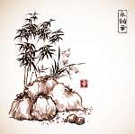 Kis bambuszfa és vad orchidea a sziklákon. A hagyományos japánok vászonkép, poszter vagy falikép