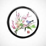 Sakura virágban, bambusz ága és kis kék madár fekete e vászonkép, poszter vagy falikép