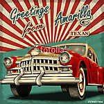 Vintage touristic greeting card with retro car.Amarillo.Texas. vászonkép, poszter vagy falikép