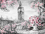 Rózsák és Big Ben, London színverzió 1 (olajfestmény reprodukció) vászonkép, poszter vagy falikép