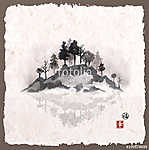Sziget fákkal ködben. Hagyományos japán festékfestés sumi vászonkép, poszter vagy falikép