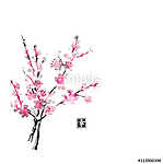 Sakura virágban. A hagyományos japán festékfestés sumi-e. Con vászonkép, poszter vagy falikép