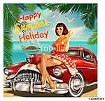 Vintage vacation background with pin-up girl and retro car. vászonkép, poszter vagy falikép