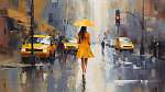 New York-i utca elegáns nővel esernyővel és sárga taxikkal (festmény effekt) vászonkép, poszter vagy falikép