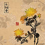 Krizantém virágok szüreti háttérrel. Hagyományos orienta vászonkép, poszter vagy falikép