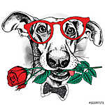 Portrait of a funny dog in glasses and tie with red rose. Vector vászonkép, poszter vagy falikép