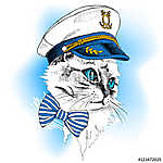 Portrait cat in a sailor's cap and tie on blue background. Vecto vászonkép, poszter vagy falikép