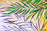 Details of acrylic paintings showing colour, textures and techniques. Expressionistic palm tree foliage and a sandy beach backg vászonkép, poszter vagy falikép