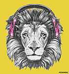Portrait of Lion with headphones. Hand drawn illustration. vászonkép, poszter vagy falikép
