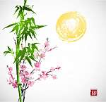 Nap, bambusz és sakura virágban. A hagyományos japán tintafájdal vászonkép, poszter vagy falikép