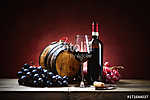 Vörösboros pohár szőlőtörmelékkel, palackkal és kis hordóval vászonkép, poszter vagy falikép