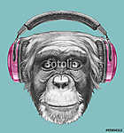 Portrait of Monkey with headphones. Hand drawn illustration. vászonkép, poszter vagy falikép