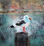 Seagull At The Dock - Acrylic painting of a seagull standing on a wooden dock post. vászonkép, poszter vagy falikép