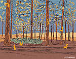 Vector illustration of a pine forest with scurrying squirrels around vászonkép, poszter vagy falikép