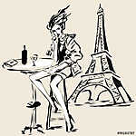Divatos lány pohár vörösborral, kávézóban, Eiffel közelében vászonkép, poszter vagy falikép