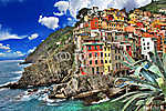 színpadi Olaszország. Riomaggiore falu, Cinque Terre vászonkép, poszter vagy falikép