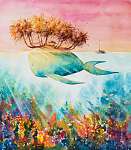 Trópusi sziget egy bálna hátán, vízfesték stílisban vászonkép, poszter vagy falikép