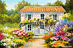 Mediterrán ház sok virággal (olajfestmény reprodukció) vászonkép, poszter vagy falikép
