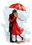 romantikus pár piros esernyő alatt. Csók. Akvarell szép i vászonkép, poszter vagy falikép