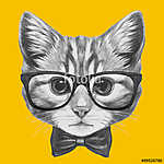 Hand drawn portrait of Cat with glasses and bow tie. Vector isol vászonkép, poszter vagy falikép