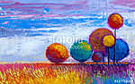 Absztrakt színes mesebeli gömb fák (olajfestmény reprodukció) vászonkép, poszter vagy falikép