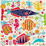 Vektor tapéta hal és tengeri élet vászonkép, poszter vagy falikép