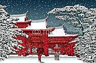 Japán vagy kínai templom hó alatt vászonkép, poszter vagy falikép