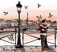 Fiatal pár szerelmes a Pont des Arts-ben Párizsban vászonkép, poszter vagy falikép