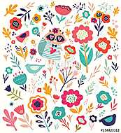 Pattern with cute raccoon and flowers vászonkép, poszter vagy falikép