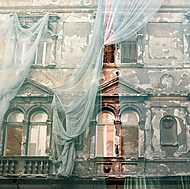Pesti lakóház függönytakaróval vászonkép, poszter vagy falikép