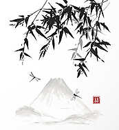 Bambusz, szitakötők és hegyek, kézzel húzott tintával tradit vászonkép, poszter vagy falikép