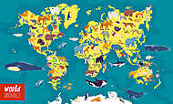 Világtérkép az óceánokkal, kontinensekkel és helyi állatokkal vászonkép, poszter vagy falikép