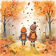 Gyerekek kézenfogva iskolába mennek az őszi parkon keresztül vászonkép, poszter vagy falikép