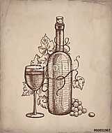 borosüveg és pohár ceruza rajza régies háttérrel vászonkép, poszter vagy falikép