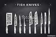Fish cutting knives set. Poster of Butcher diagram and scheme - vászonkép, poszter vagy falikép