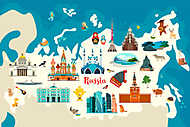 Oroszország térkép illusztráció, neves épületekkel vászonkép, poszter vagy falikép