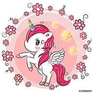 Cute Cartoon Unicorn with flowers vászonkép, poszter vagy falikép