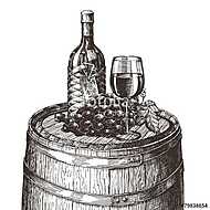 Boros üveg pohárral és szőlővel egy hordón vászonkép, poszter vagy falikép