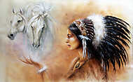 Fiatal indiai nő tollas fejdíszt visel, két lóval vászonkép, poszter vagy falikép