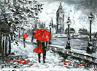 Szerelmes pár esernyővel London, Big Ben (olajfestmény reprodukció) vászonkép, poszter vagy falikép