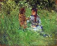 Nő gyerekkel a kertben, Bougival-ban vászonkép, poszter vagy falikép