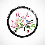 Sakura virágban, bambusz ága és kis kék madár fekete e vászonkép, poszter vagy falikép