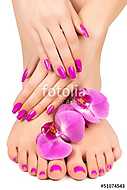 pink manicure and pedicure with a orchid flower vászonkép, poszter vagy falikép