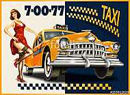 Taxi card with Pin-up girl and retro yellow taxi. vászonkép, poszter vagy falikép