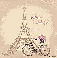 Bonjour Párizs Eiffel-torony és kerékpár - vintage vászonkép, poszter vagy falikép
