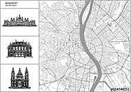 Budapest city map with hand-drawn architecture icons vászonkép, poszter vagy falikép