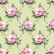 Floral pattern. Pink watercolor flowers on green background 22 vászonkép, poszter vagy falikép