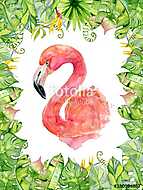Pink flamingo watercolor hand drawn illustration in arrangement vászonkép, poszter vagy falikép