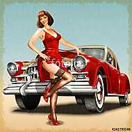Pin-up girl and retro car isolated on vintage background vászonkép, poszter vagy falikép